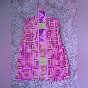 Alice & Trixie Silk Halter Mini Dress Pink Orange Greek Key Print Size S